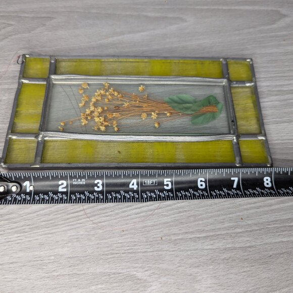 Rectangular Stained Leaded Glass Panel with Dried Floral Accent 8" x 4" x 1/2" - Picture 10 of 12